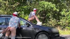 Twin stepsisters pee on daddy car